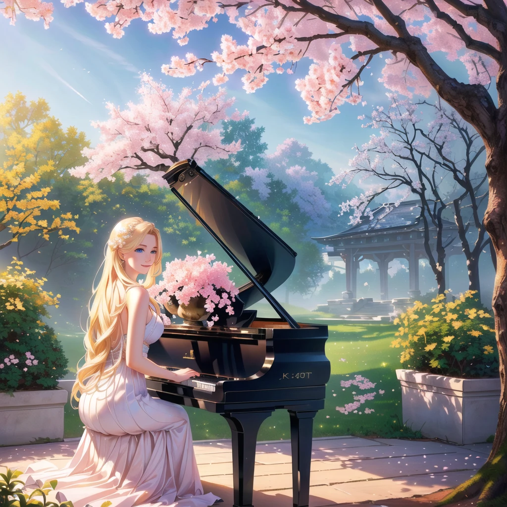 a beautiful blonde girl smiling, with stunning blue eyes, playing a grand piano under a blooming cherry blossom tree, masterpiece, (best quality,4k,8k,highres,masterpiece:1.2),ultra-detailed,(realistic,photorealistic,photo-realistic:1.37),intricate details,exquisite textures,soft lighting,warm color palette,cinematic composition,dramatic lighting,dramatic pose,elegant,graceful,serene,peaceful,calming,fantasy,digital painting,oil painting,photorealistic,highly detailed