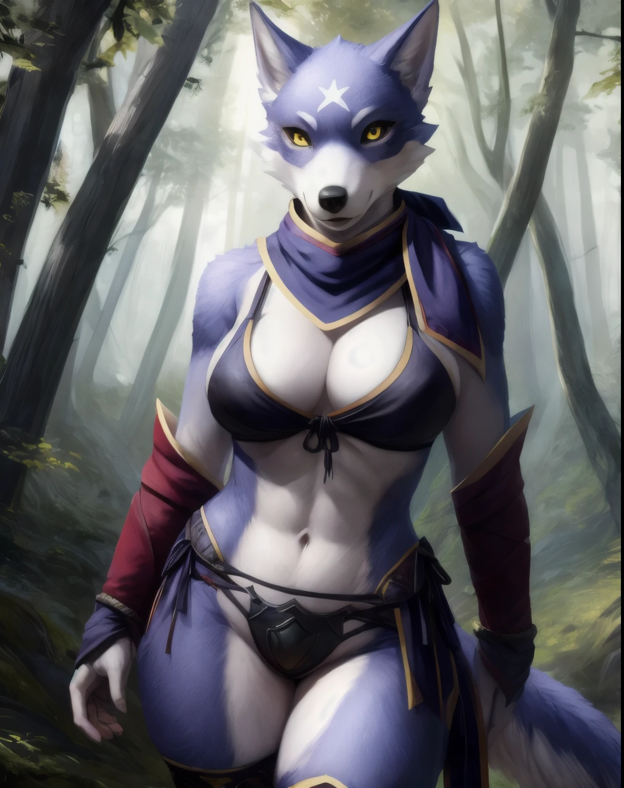 character portrait of a sexy,(female),(anthro:1.2),palamute,solo,hi res,soft shading,good anatomy,tail,cinematic lighting,by seraziel,by woolrool,buta99,detailed background,realistic,athletic,forest,scarf,elbow gloves,thighhighs,scarf over breast,black sclera,armor panties,bikini top,yellow eyes,