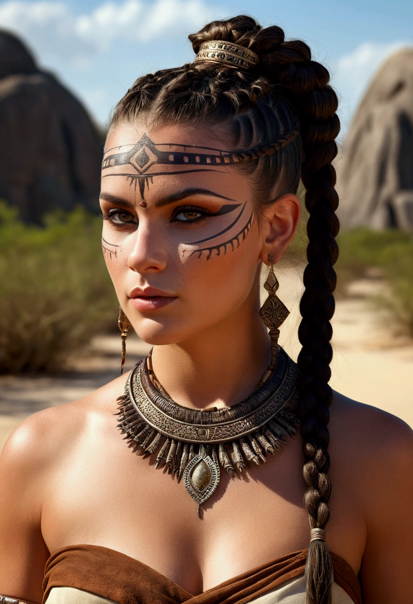 (masterpiece, top quality, best quality, official art, beautiful and aesthetic:1.2), (1girl:1.3), dark brown hair pulled back, topknot, braids, extremely detailed, portrait, looking at viewer, solo, (full body:0.6), detailed background, close up, facepaint, tribal tattoos, (warm summer desert theme:1.1), busty human barbarian queen, elegant face, long face, charlatan, smirk, mysterious, walking in savannah, revealing triba