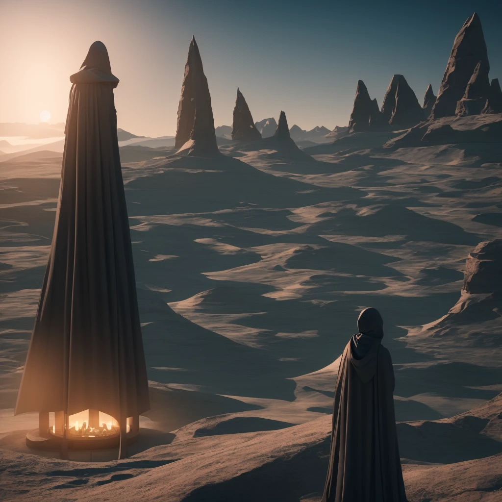 (The best quality)Hooded person looking at the futuristic architecture of an advanced civilization on another planet with dark color palette