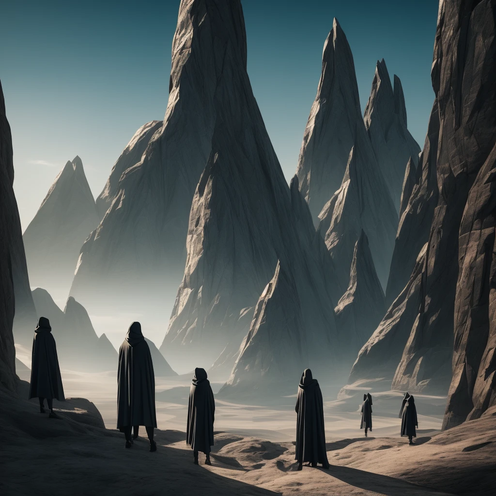 (The best quality)Hooded person looking at the futuristic architecture of an advanced civilization on another planet with dark color palette