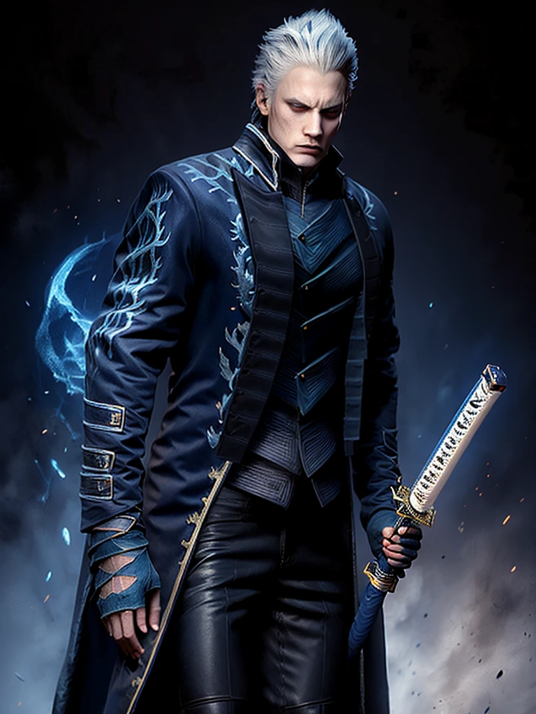 Vergil, blue clothing, robe, katana with white handle, devil may cry, white hair, slick back, blue eyes, cold stare, holding katana, detailed, realistic, dynamic pose, swinging katana, facing viewer, fight scene, running, detailed background, destroyed city, fire, human, high quality, highest quality