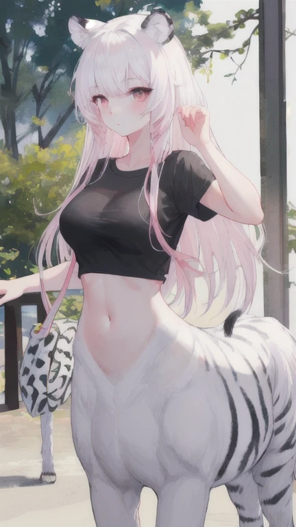 (best quality, masterpiece), 1 girl, centaur, It takes, White skin, Korean ,daughter, black pink, exposing the abdomen, belly button t-shirt , 아름다운 소녀 Perfect wild white tiger photo, Perfect wild white tiger photo