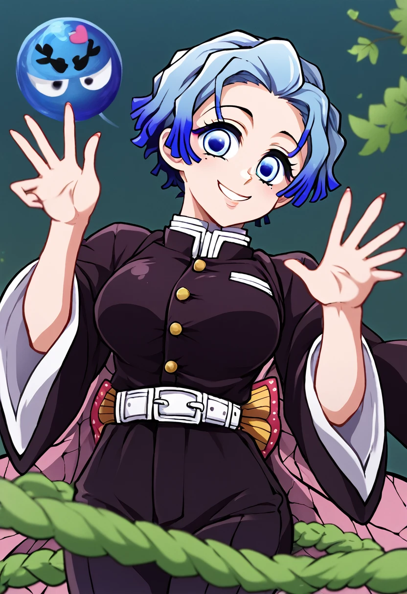 anime girl from the Kimetsu no Yaiba universe! straight and short hair, blue colored eyes, demon hunter outfit, perfil, cute smile.