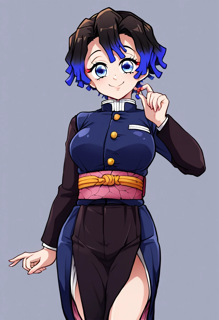 anime girl from the Kimetsu no Yaiba universe! straight and short hair, blue colored eyes, demon hunter outfit, perfil, cute smile.