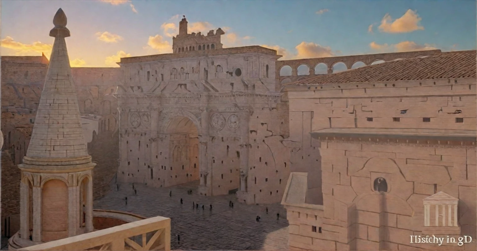 arafed view of a city with a lot of buildings and a clock tower, roman city, rome, ancient rome, rome in background, eternal city, roma, roman monuments, ancient roman setting, rome backdrop, roman historic works, market in ancient rome, old roman style, colosseo, city ruins in the background, ancient roman style, view from slightly above