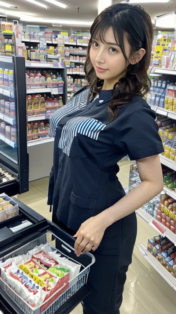 Close-up: A beautiful woman with huge breasts is serving customers at the cash register of a convenience store