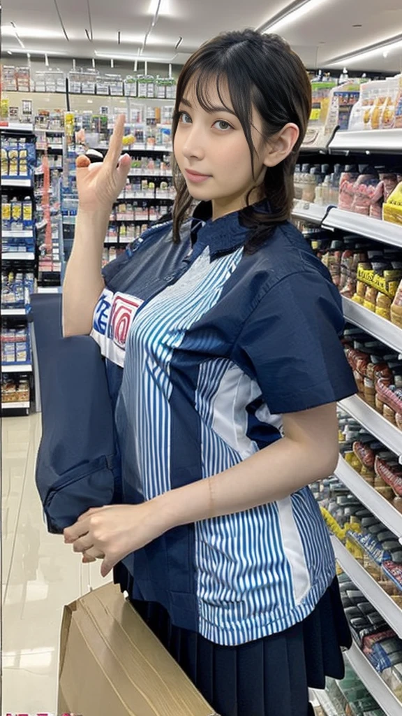 Close-up: A beautiful woman with huge breasts is serving customers at the cash register of a convenience store