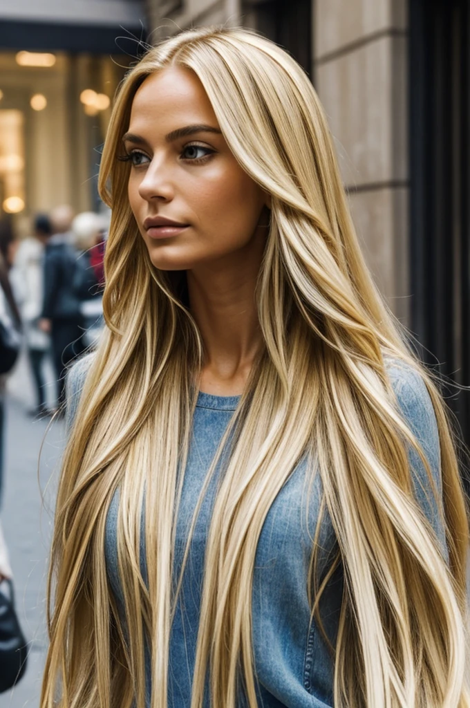 Woman, very long blonde hair, walking in Milan, Italy, ((masterpiece)), ((details))
