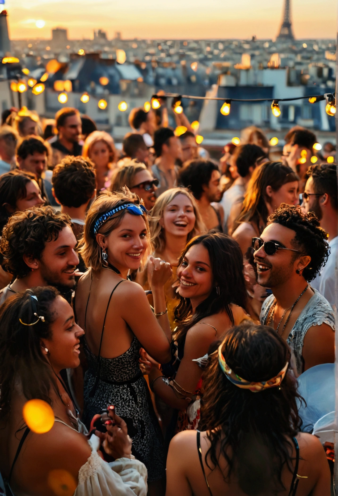 A photo of a party. small informal crowd, boisterous lively crowd. trendy, casual diverse people. 21st century contemporary city. On a rooftop courtyard, in Paris. 17th arrondissement. grand building. makeshift stage. band playing including celebrity DJs, Musicians, rappers, singers, dancers, musicians are surrounded by a happy crowd. people dancing. people dancing on speaker stacks. lights. smoke machine. Television film crew. sundown