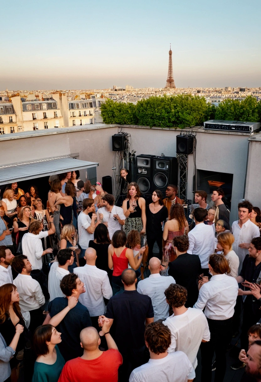 A photo of a party. small informal crowd, boisterous lively crowd. trendy, casual diverse people. 21st century contemporary city. On a rooftop courtyard, in Paris. 17th arrondissement. grand building. makeshift stage. band playing including celebrity DJs, Musicians, rappers, singers, dancers, musicians are surrounded by a happy crowd. people dancing. people dancing on speaker stacks. lights. smoke machine. Television film crew. sundown