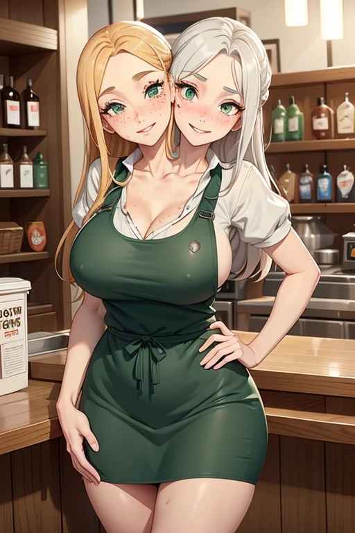 2heads, a very tall skinny woman with 2 heads. Working behind the counter at the register at a coffee shop. Wearing green apron with store logo, wearing worker uniform. Cleavage. Mature, milf. Messy long white hair. Thin face, cute face. Smiling. Blushing. Thick eyeliner. Eyeshadow. Baggy eyes. Extremely tall. Freckles, many freckles. Covered in freckles. 