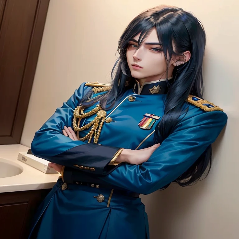 A young man in uniform is standing at the door, anime Cosplay, professional Cosplay, anime girl Cosplay, Beautiful androgynous prince, Cosplay, A delicate androgynous prince, Blue Uniform, realistic Cosplay, Wear military uniform, Wear military uniform, ornate Cosplay, Wearing military uniform,