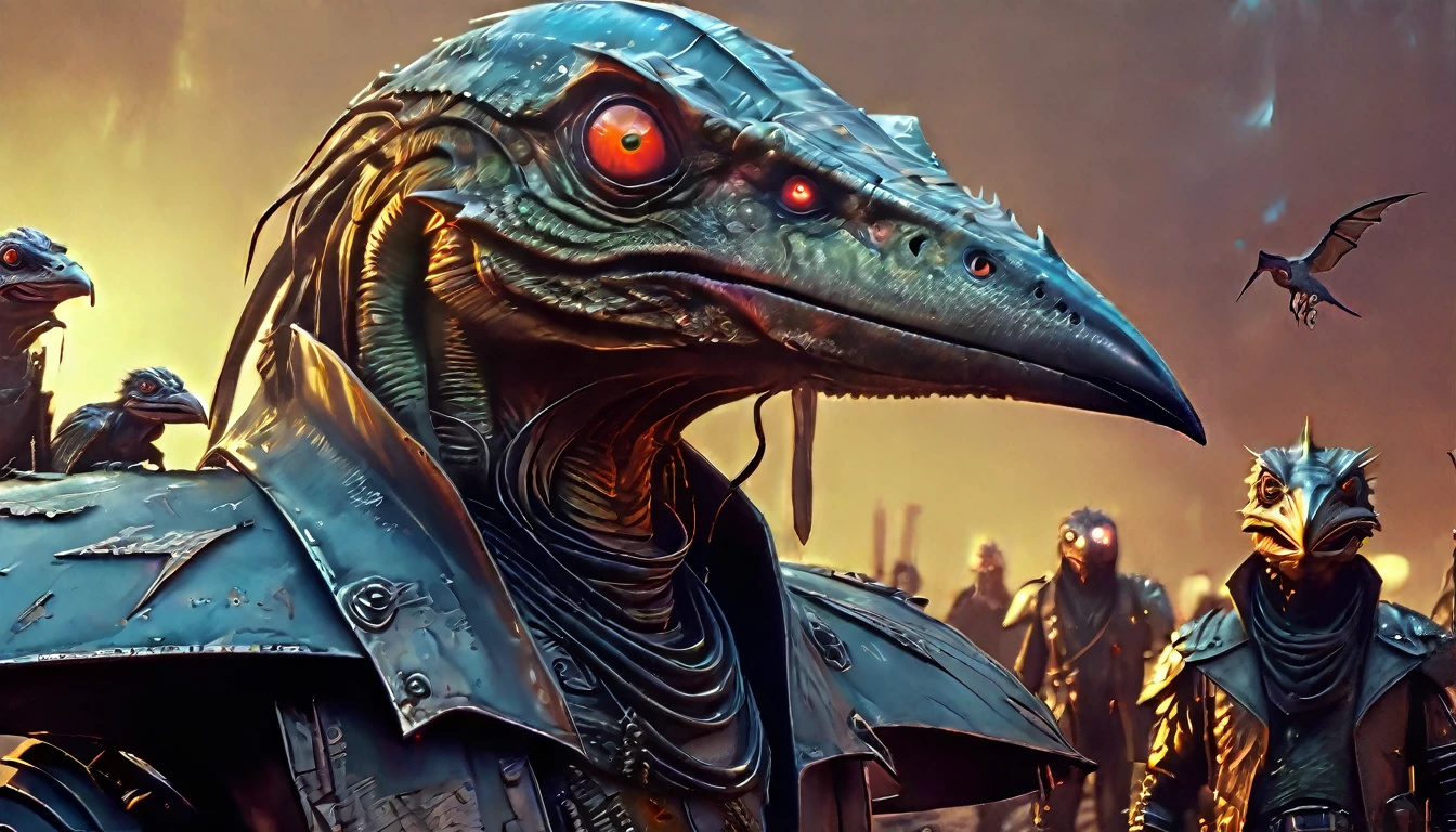 characters from Galaxy of Terror, inspired by Ed Emshwiller and Heavy Metal Magazine, Cyberpunk apocalypse in chaotic world, stalenhag, metal album cover, gwar, (flying pterosaur:2.1), monsters and robots, wayne barlowe pierre pellegrini, retro sci fi, movie poster promo, very detailed face, bue skin, white eyes, moody, epic, shot on Kodak Vision3, (intricate details), (hyperdetailed), 8k hdr, high detailed, lot of detailed, high quality, soft (cinematic:3.1) light, dramatic atmosphere, atmospheric pespective
