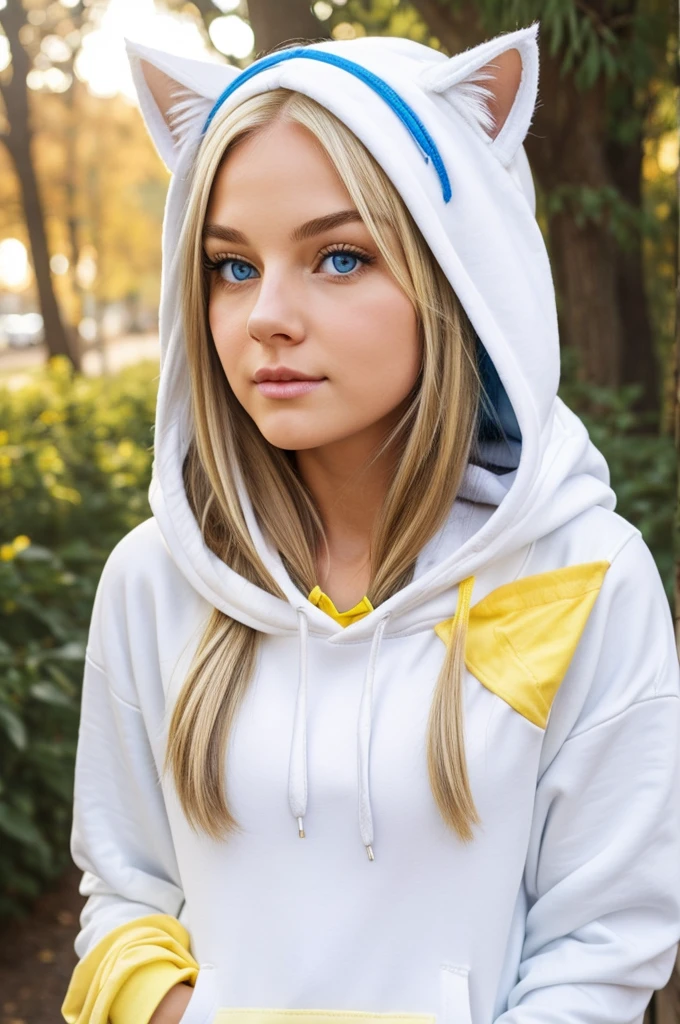 Create a realistic white girls head shot with white colored straight hair, blue eyes, a cat ear headband, and a plain white hoodie with yellow pockets and yellow drawstrings.