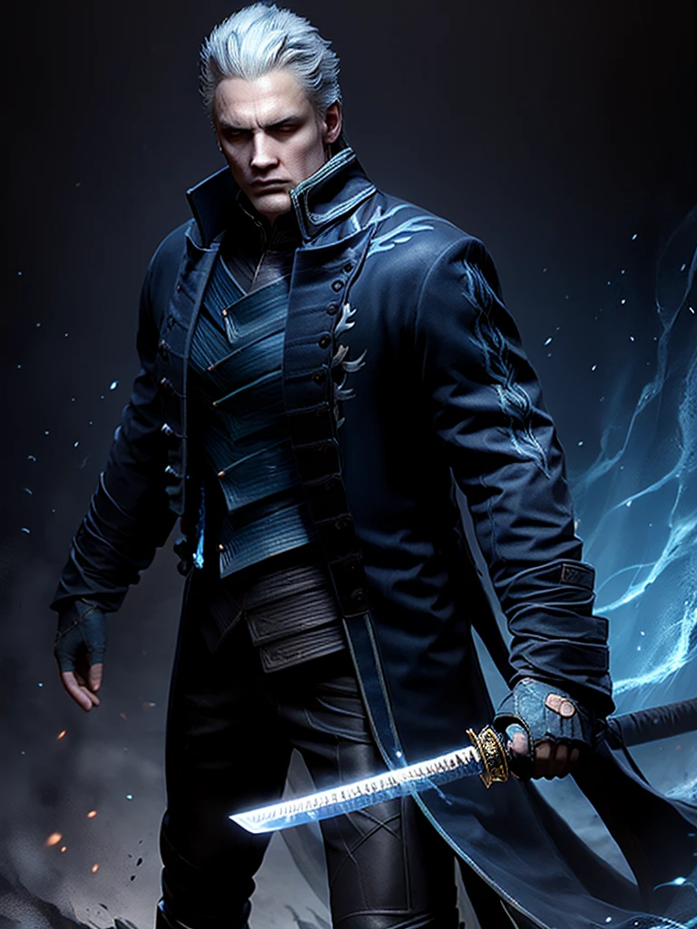 Vergil, blue clothing, robe, katana with white handle, devil may cry, white hair, slick back, blue eyes, cold stare, holding katana, detailed, realistic, dynamic pose, swinging katana, facing viewer, fight scene, running, detailed background, destroyed city background, fire, human, high quality, highest quality