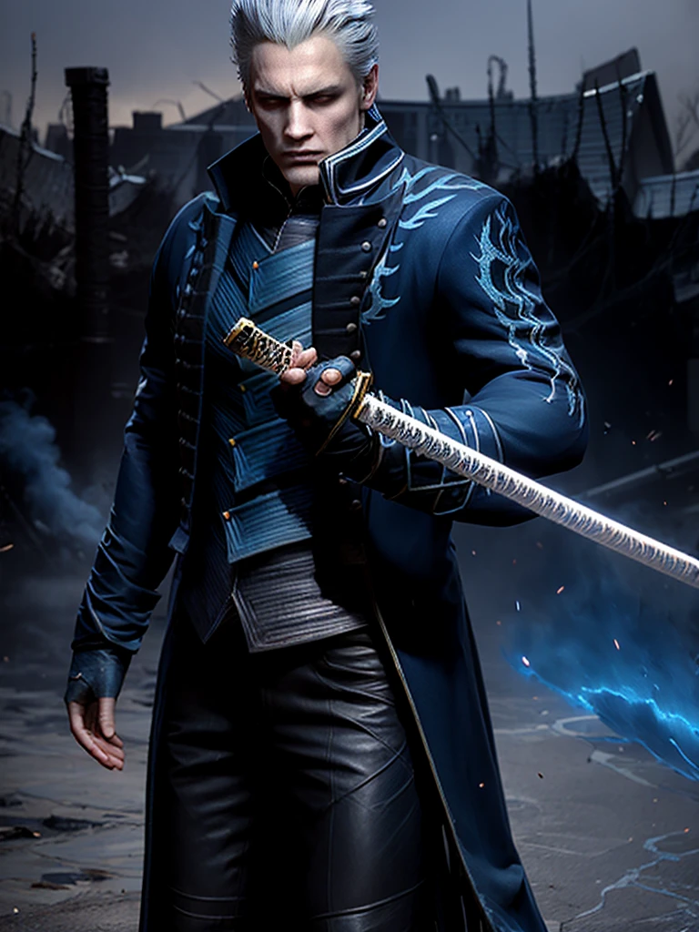 Vergil, blue clothing, robe, katana with white handle, devil may cry, white hair, slick back, blue eyes, cold stare, holding katana, detailed, realistic, dynamic pose, swinging katana, facing viewer, fight scene, running, detailed background, destroyed city background, fire, human, high quality, highest quality