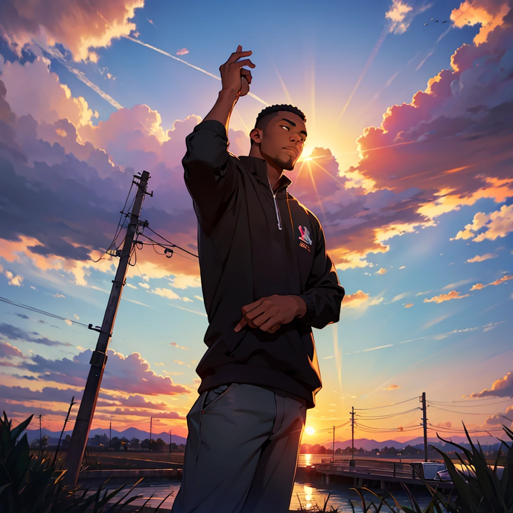 black man thinking about life facing the sunset
