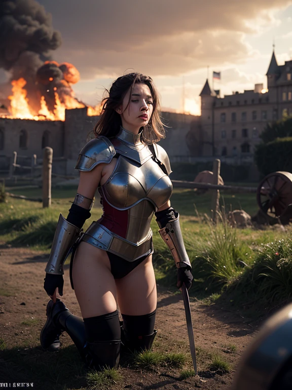 teenage girl, full plate armor, sweaty hair, Ancient battlefields, big breasts, Countless swords stuck in the ground in the background, background blur, Countless sleeping people in the background, movie lighting effects, sweating, Burning castle in the background, countless flames in the background, sparkling eyes, blush, Winged horses, red lips, Damaged armor, tilt one&#39;s face, Wave one hand up, Contemptuous eyes, have a sword, brandish a sword, flying in the sky, It has big wings on its back, highly detailed face, Beautiful and well-proportioned face, beautiful white skin, woman riding a horse, supermodel proportions, riding a horse, A lot of feathers in the background, , I can see my abs, separate armor, blonde, beautiful blonde hair, Well-trained abs