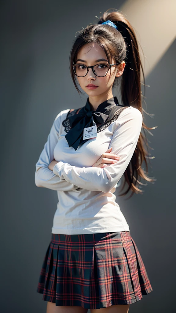 a girl with a ponytail, in a checkerprint skirt, and glasses standing with her arms crossed