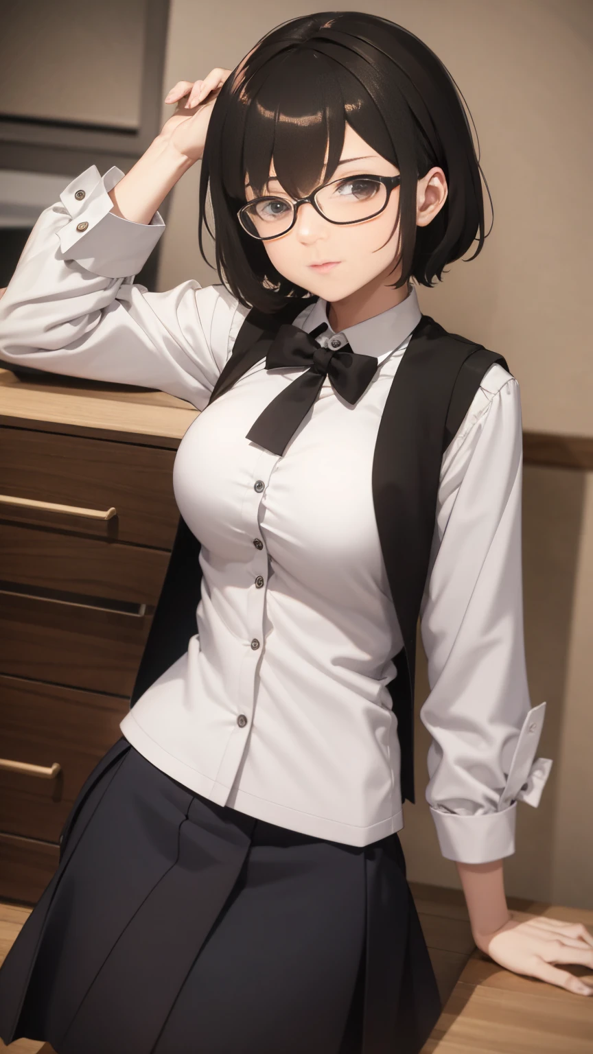 masterpiece, best quality, ultra detailed, 1girl, secretary, black hair, black eyes, tight shirt, mini skirt, cowboy shot, standing, 