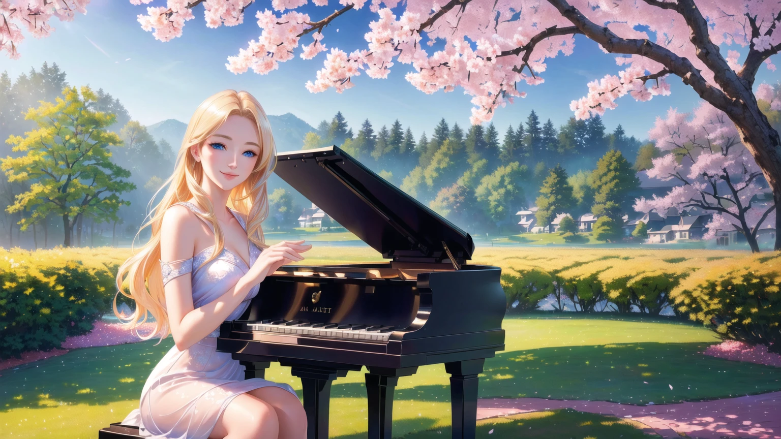 a beautiful blonde girl smiling, with stunning blue eyes, playing a grand piano under a blooming cherry blossom tree, masterpiece, (best quality,4k,8k,highres,masterpiece:1.2),ultra-detailed,(realistic,photorealistic,photo-realistic:1.37),intricate details,exquisite textures,soft lighting,warm color palette,cinematic composition,dramatic lighting,dramatic pose,elegant,graceful,serene,peaceful,calming,fantasy,digital painting,oil painting,photorealistic,highly detailed