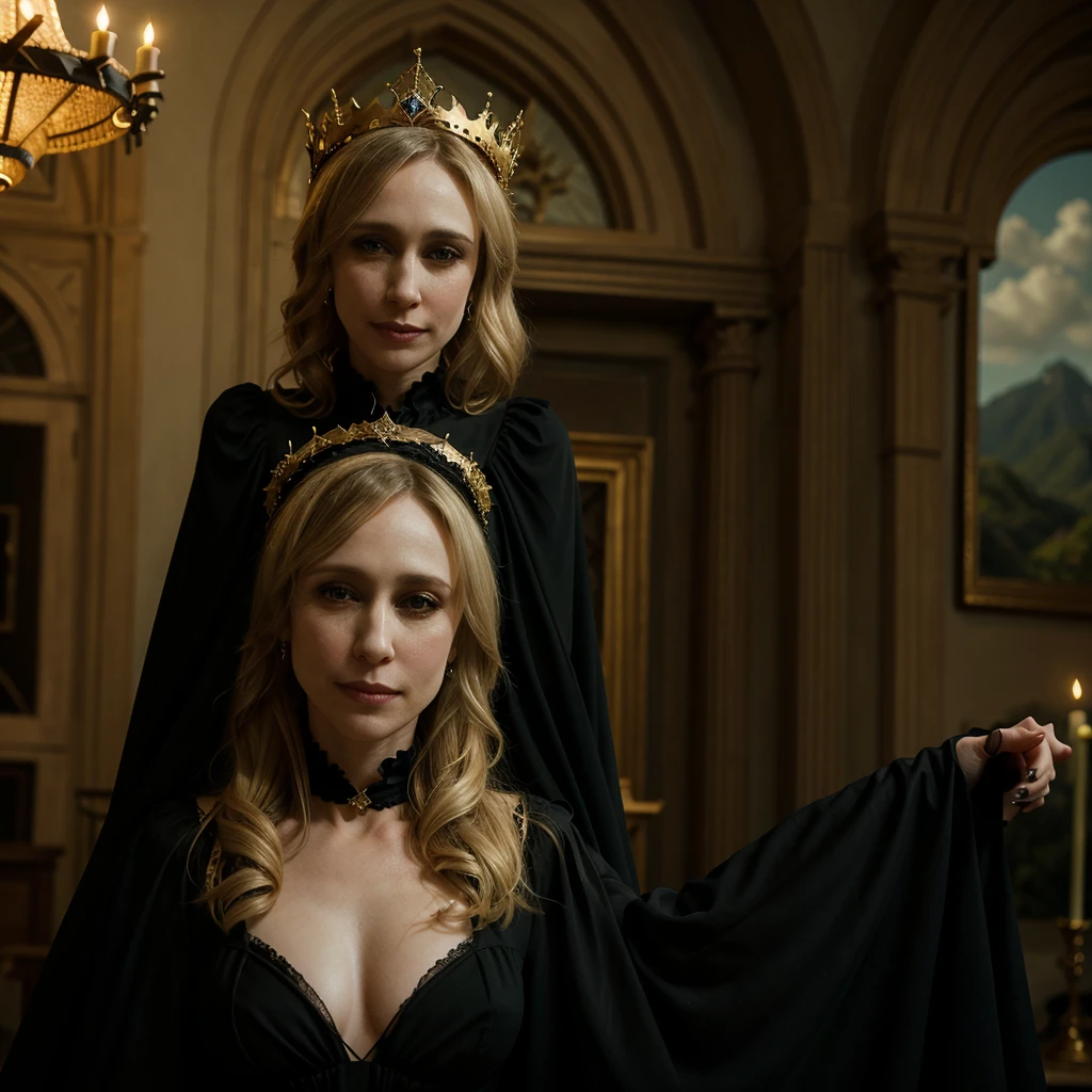 portrait of Vera Farmiga with a golden crown, blonde hair, pale skin, green eyes, black makeup, gothic dress, black dress, in the background a landscape of Brazil with beach and mountains, at day