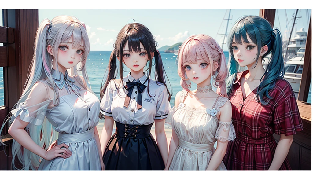 6girls, Ichigo Hoshimiya, Akari Ozora, Yume Nijino, Aine Yuki, Mio Minato, Raki Kiseki, school uniform, long hair, pigtails hair, chest-length hair, medium-long hair, wavy blonde hair, honey brown hair, long blonde and pink ombre hair, thickly curled cornflower lilac-pink hair, sky blue & lavender ombre hair, pale khaki, strawberry red eyes, magenta eyes, gradient orange eyes, orange & yellow eyes, cerise eyes, paradise-pink & pastel yellow eyes, realistic, ultra detail, 4k, 70mm lens,