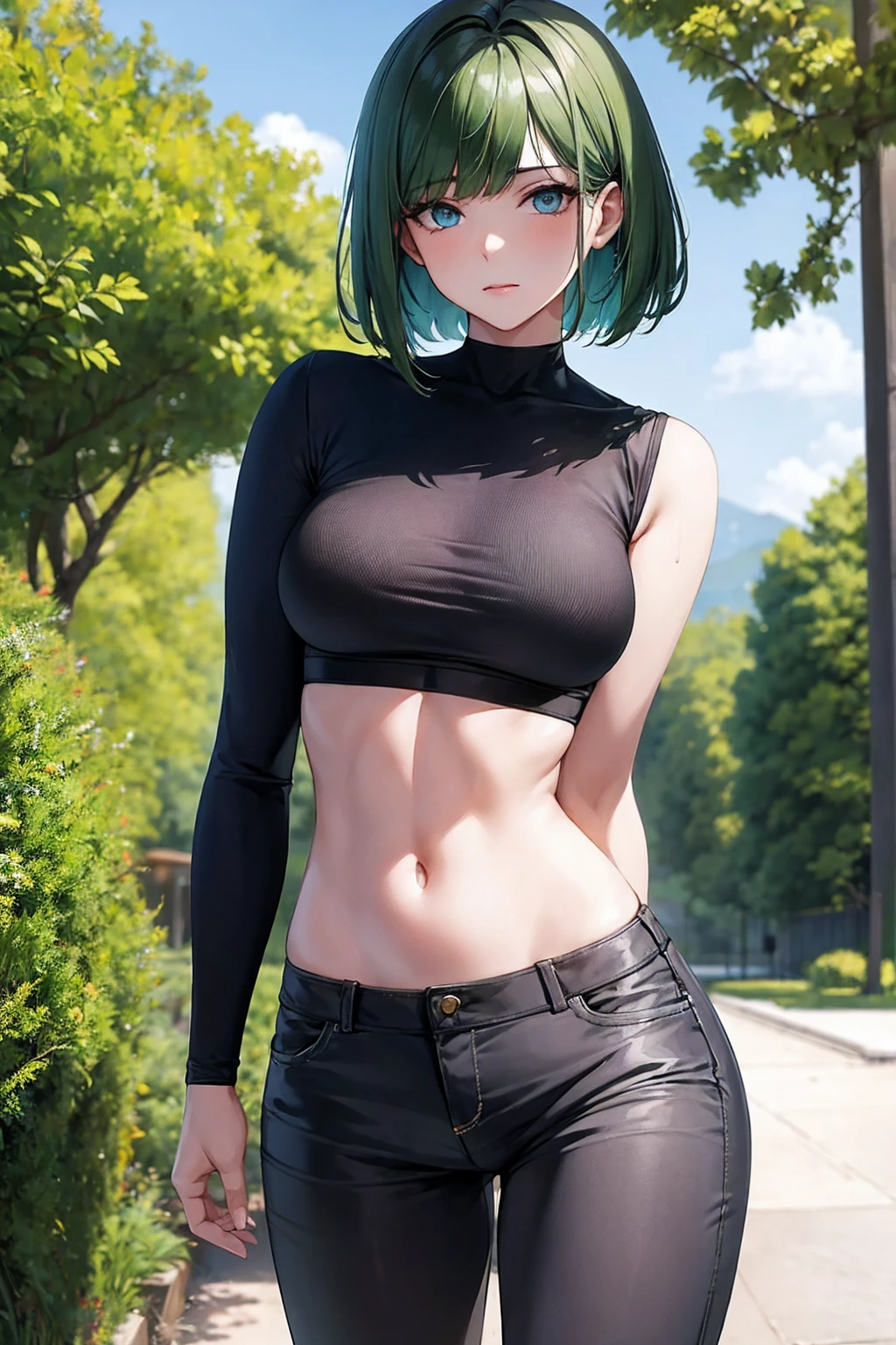 Masterpiece , highly detailed , best quality , perfect face , green eyes , fubuki , wearing black leather jacket over white printed t-shirt and blue jeans , in garden , arms bound behind back with rope , looking at camera , standing still 