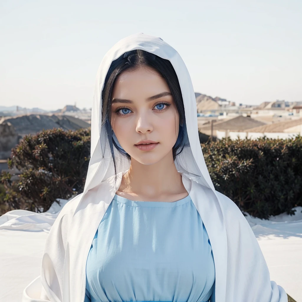 Beautiful woman with light blue eyes, Long black hair Wears a blue tunic with wide, long sleeves adjusted at the waist by a white sash, wears a white cloak 