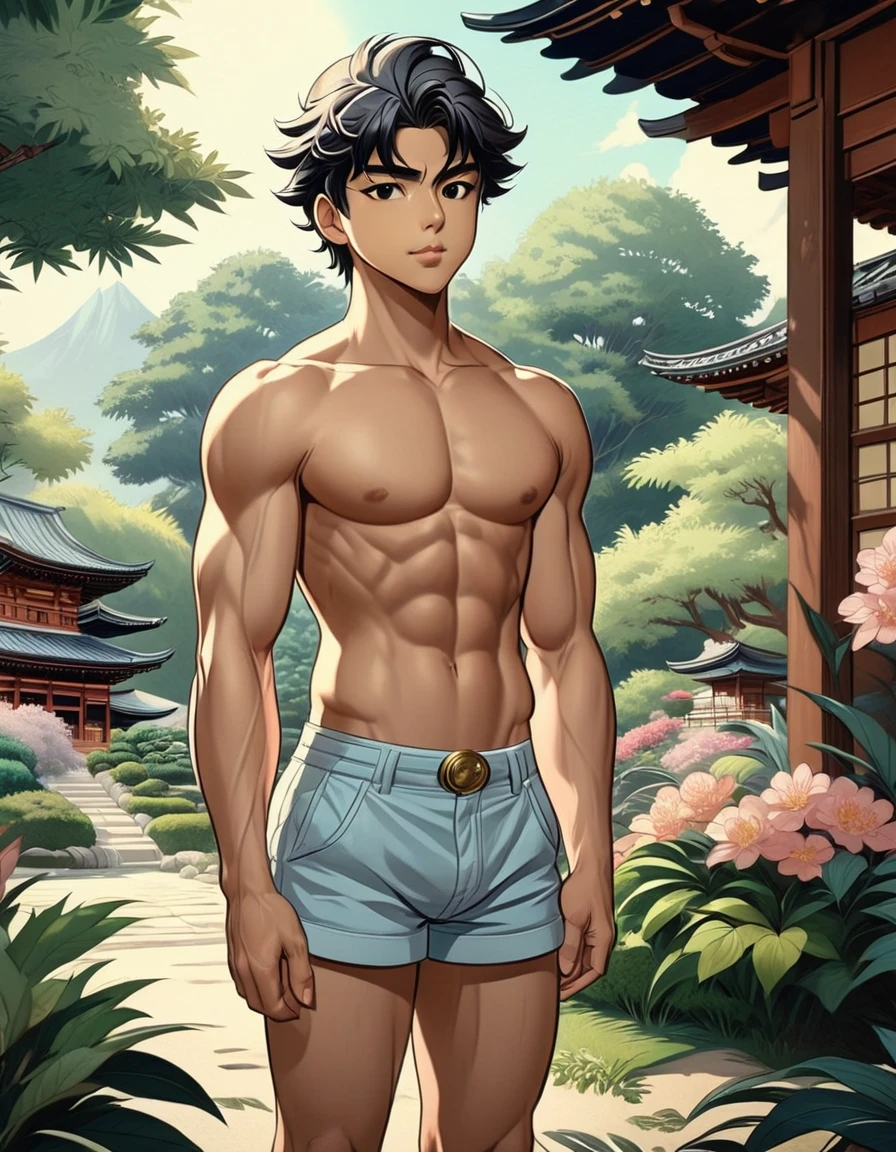 anime+hentai+yaoi style pastel color palette, symmetrical composition, ultra-detailed artistic style, oil painting, full body, perfect composition, perfect anatomy, wearing small shorts, dramatic, natural lighting, a beautiful young man, handsome, tall, perfect feet, Latino, muscles Detailed realistic, body symmetry, he is  wearing small shorts standing starting to the viewer, in the background japanese garden, japanese tradicional arquitecture elements
