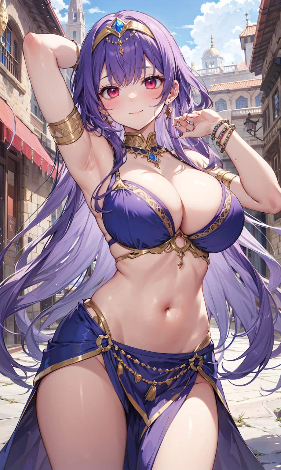 high quality, ultra detailed, best quality, insanely detailed, beautiful, masterpiece, 1girl, medieval plaza, cowboy shot, red eyes, long hair, purple hair, belly dancer, circlet, earrings, armlets, bracelets, bashful smile, large breasts, cleavage, soft stomach