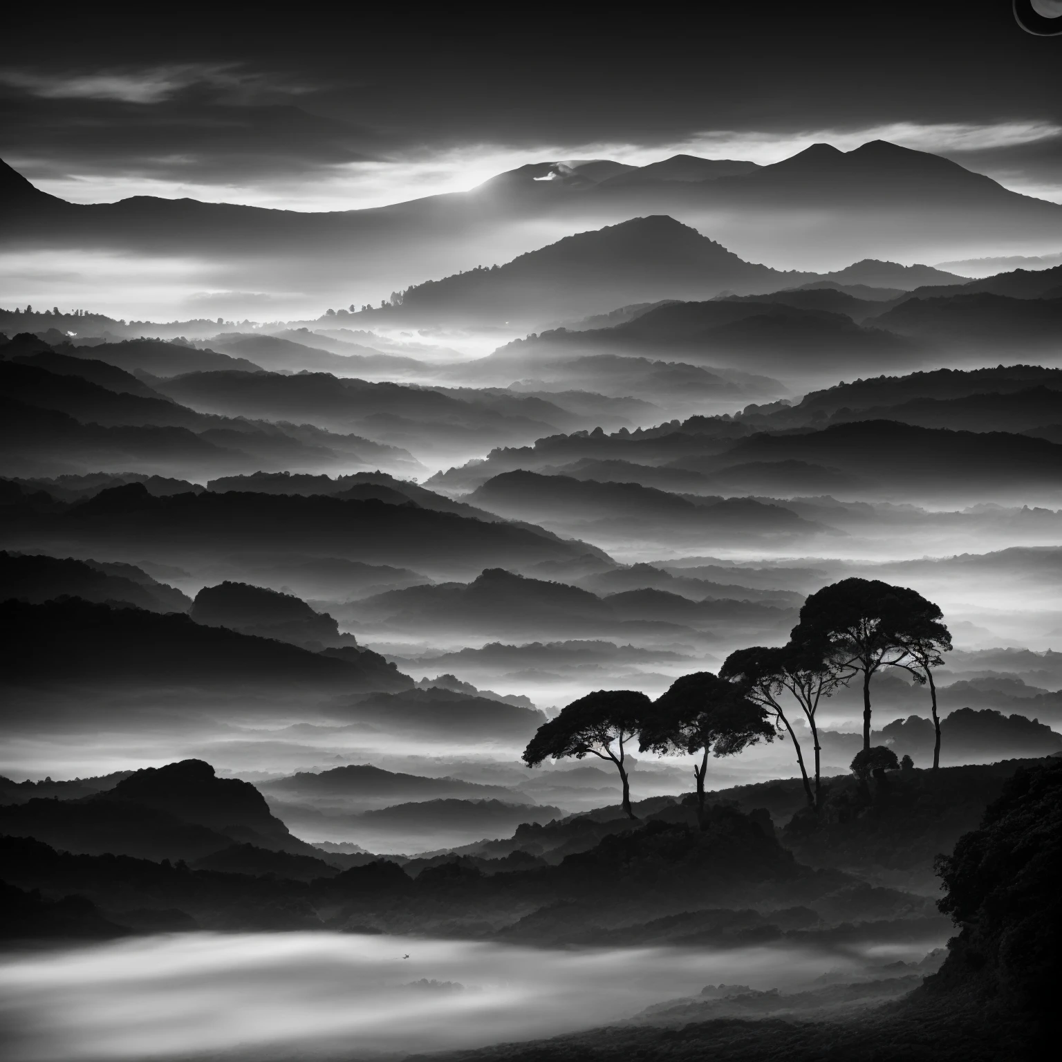 Black and white photography of nature. Nature and a river and mountains. Ilford Film. ISO 800