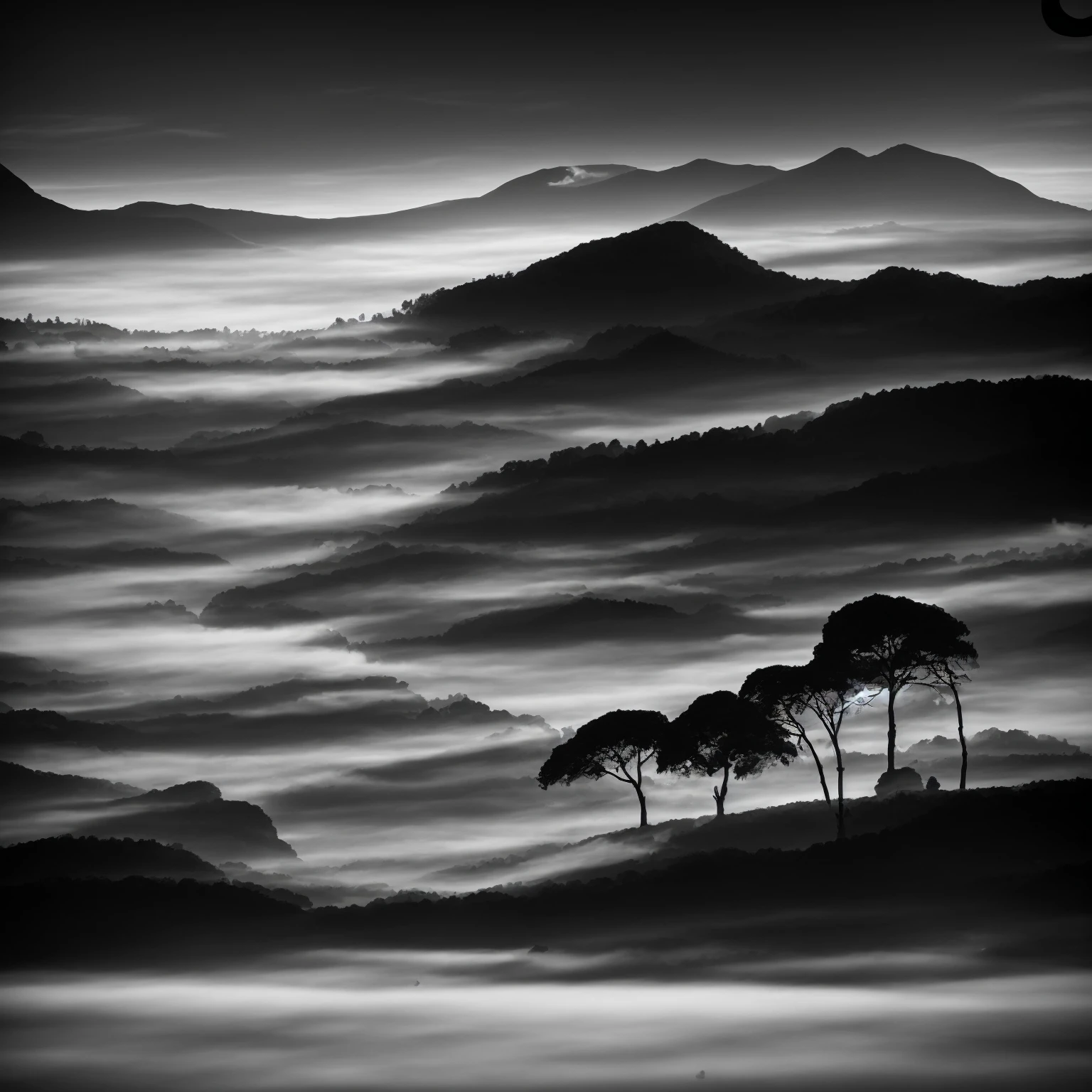 Black and white photography of nature. Nature and a river and mountains. Ilford Film. ISO 800