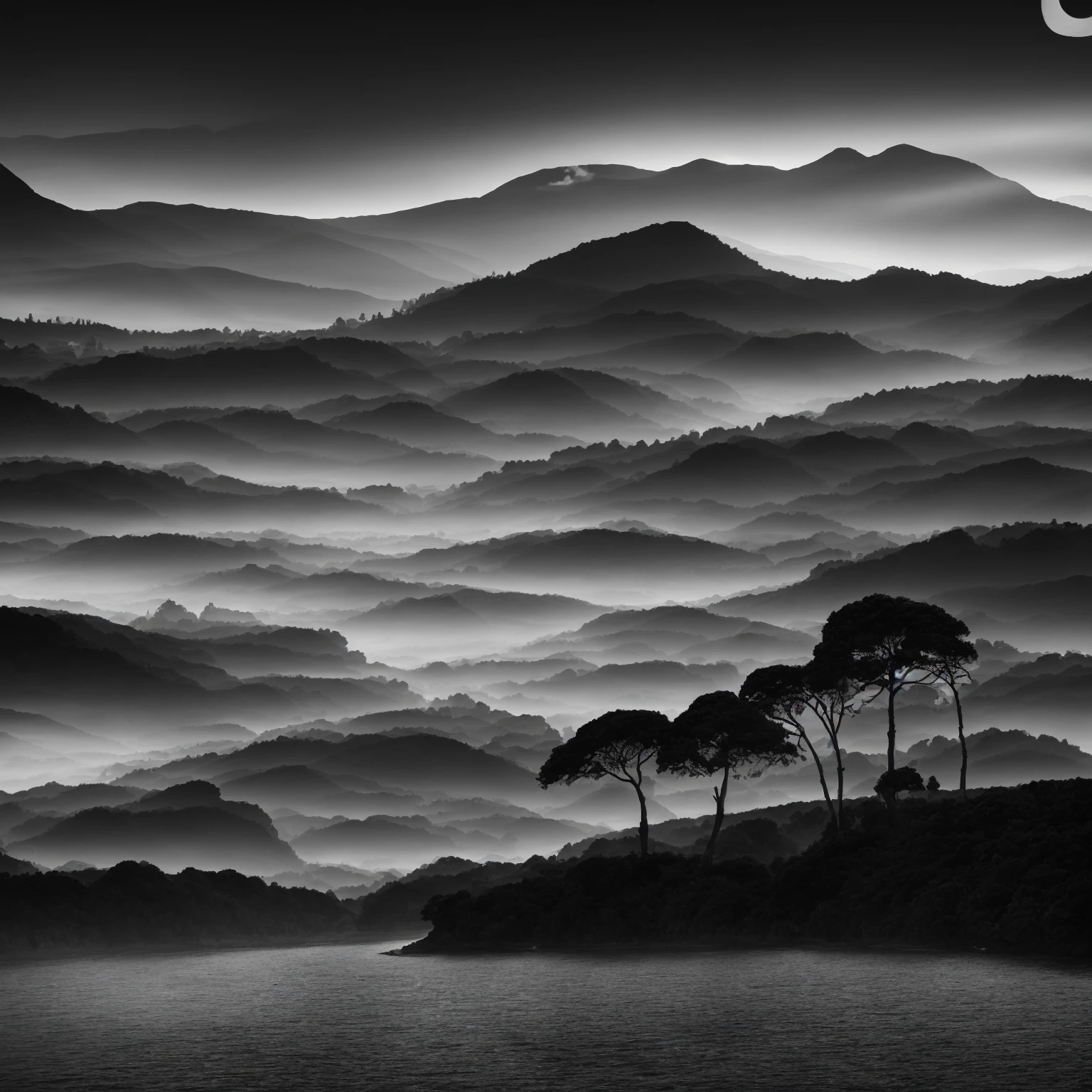 Black and white photography of nature. Nature and a river and mountains. Ilford Film. ISO 800