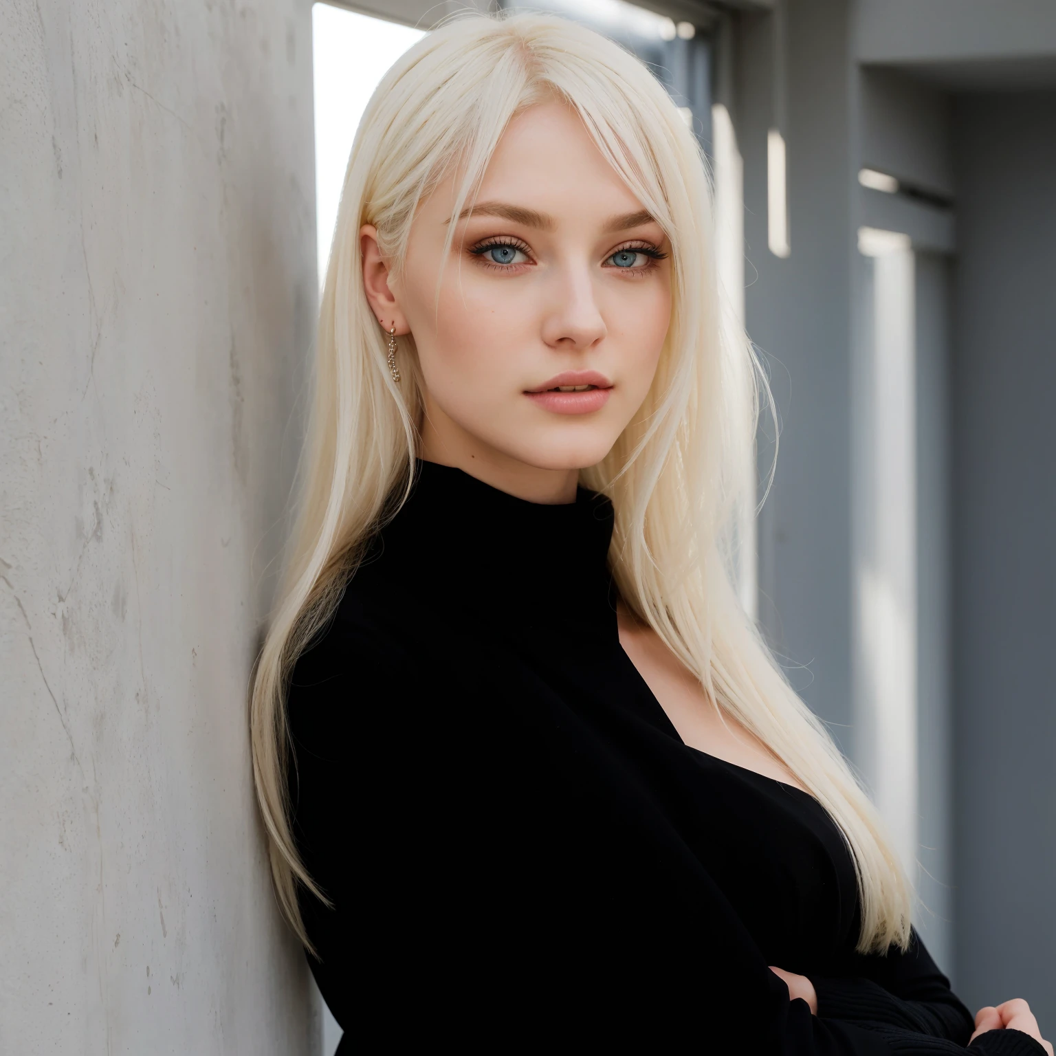 blonde woman with blue eyes leaning against a wall wearing a black dress, Perfect white hair girl, Anna Nikonova aka Newmilky, portrait of kim petras, Anastasia Ovchinnikova, girl with white hair, Yelena Belova, long white hair and bangs, Aleksandra Waliszewska, Alina Ivánchenko, Mia Kischner, Angelina Stroganova