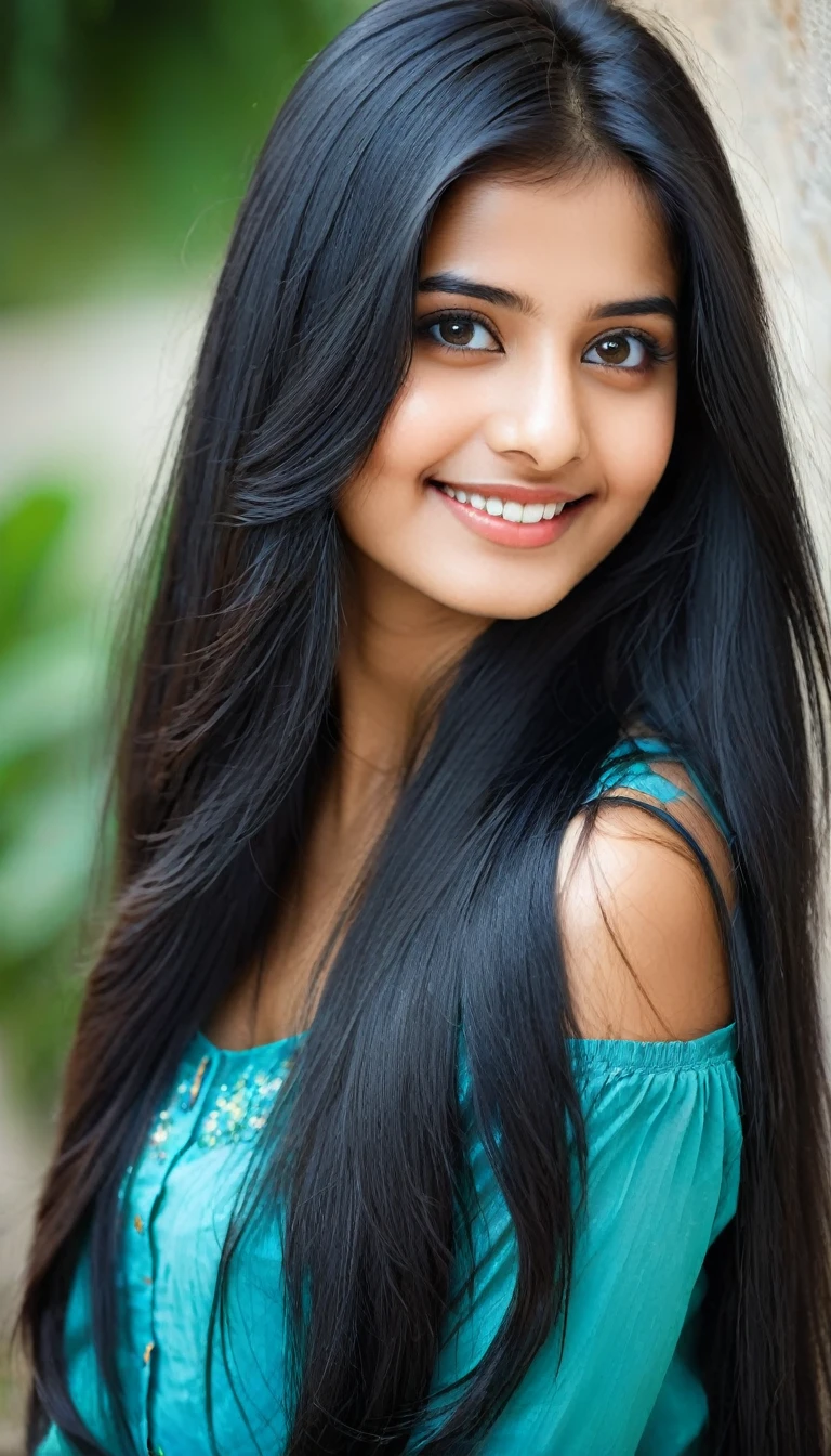 woman with big long straight black hair, realistic face, young and cute girl, 18 years old, attractive girl, cute beautiful, very beautiful girl, 22 years old, 21 years old, with cute - beautiful - face, girl with cute face, Indian, girl next to me, innocent look, cute seductive smile, looking directly at the camera,portrait photo avata