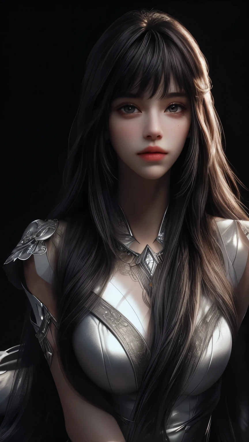 masterpiece, best quality, ultra-detailed, facing the camera head on, intricately detailed hyperdetailed, realistic, sharp features, highly detailed, sharp focus, perfect face, perfect face, perfect symmetrically perfect eyes, perfect full lips, flexible female form, cinematic, film light, hyper detailed, hyper realistic, dynamic studio lighting, nsfw, ((Dark background)), Sexy face, Facial expressions when receiving pleasure, straight Bangs,