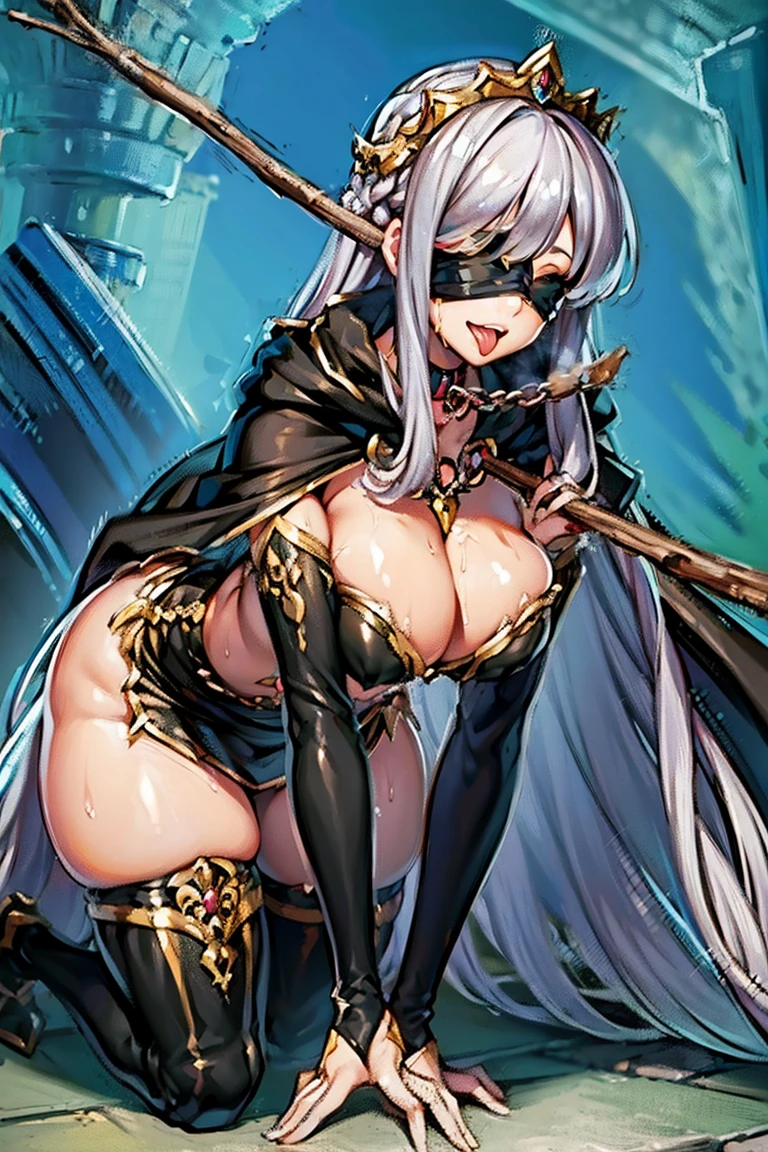 (masterpiece, best quality:1.2), 1girl, solo, tiara, silver hair, cleavage, (30 years old) , woman, long hair, beautiful, masterwork, ultra high res, ultra detailed, super fine illustration, cg unity 8k wallpaper, ultra detailed beautiful face, perfect hands, adult, (((black cape))), gleaming skin, oil skin, shiny skin, sweat, lips, crown braid, jewelry, necklace, long sleeves, ring, covered navel, lips, dress, belt, (((black corset))), full body, (((thighhighs))), knee boots, dare thighs, black clothes, (((drape skirt, black skirt, side slit))), white skirt, perfect proportion, perfect body, perfect anatomy, white sleeves, clothed, white breastplate, (((blindfold))), (((chain leash, animal collar, animal collar connected chain leash))), (((hand on the ground, on all fours))), sexual ecstasy smile, full face blush, fucked silly, smile broadly, (((open mouth, long tongue, stick out tongue, tongue out))), vulgarity, bangs, happy, 