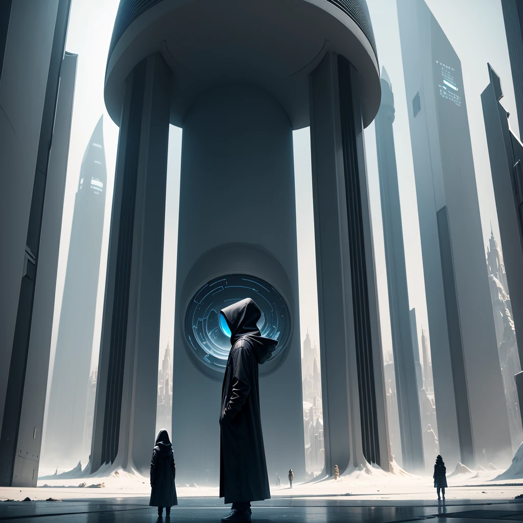 (The best quality)Hooded person looking at the futuristic architecture of an advanced civilization on another planet with dark color palette