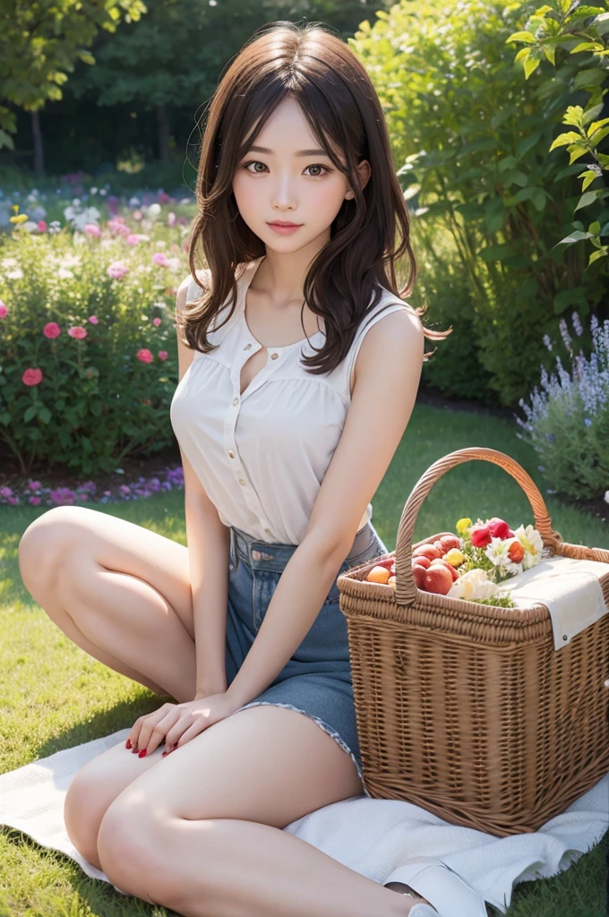 brunette woman, sitting in a garden with picnic basket.