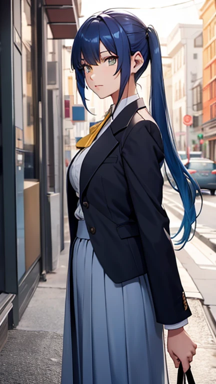 blue hair, yellow eyes, twintails, , shirt, very long skirt, suit