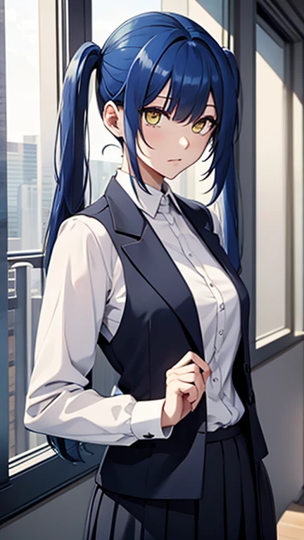 blue hair, yellow eyes, twintails, , shirt, very long skirt, suit