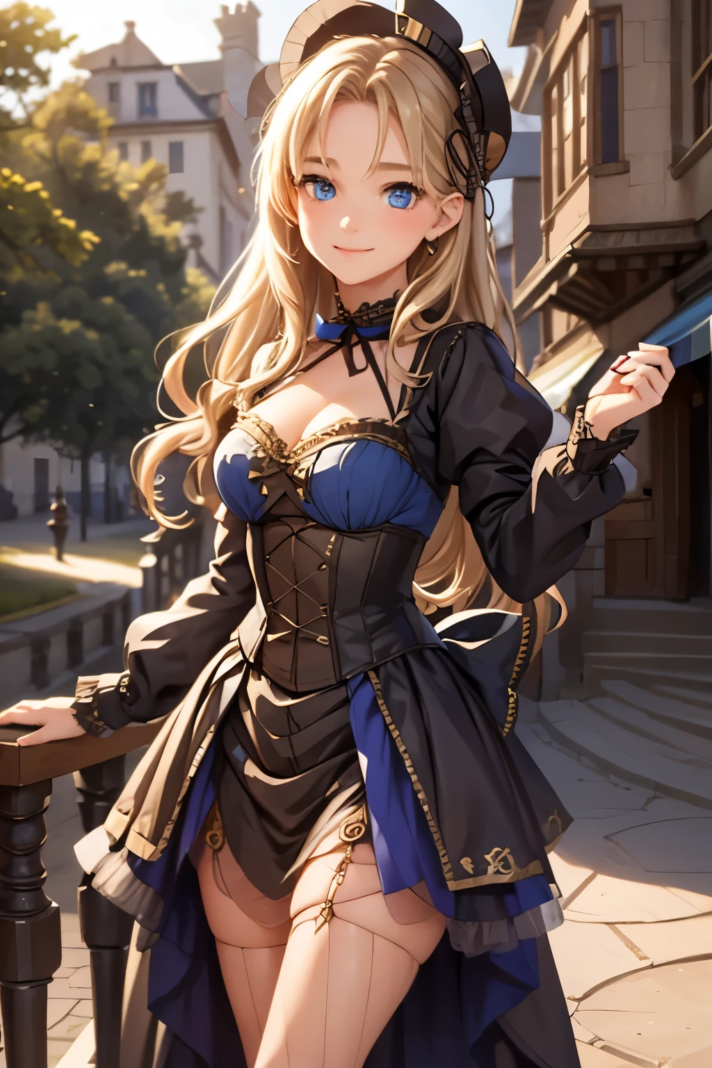 village realisticlying、Virginia Otis 15-year-old blonde hair blue eyes、City of victorian age, Europe. aristocrat girl、Looking up from below、 wear long sleeve sheer fabric dress、Various dynamic  sexy poses、Face smile、cute face, Depicts the whole body、