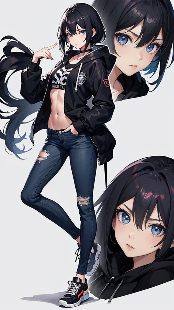 1girl, anime style, skinny body, Anime young girl wearing black hoodie, skinny jeans, black hair, grey blue eyes colour, detailed, 8k, high quality,