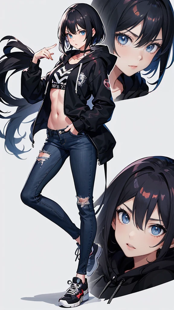 1girl, anime style, skinny body, Anime young girl wearing black hoodie, skinny jeans, black hair, grey blue eyes colour, detailed, 8k, high quality,