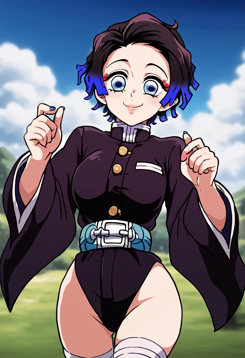 anime girl from the Kimetsu no Yaiba universe! straight and short hair, blue colored eyes, demon hunter outfit, perfil, cute smile. sky background, without much detail. simple art, corpo de animated cartoon, animated cartoon.