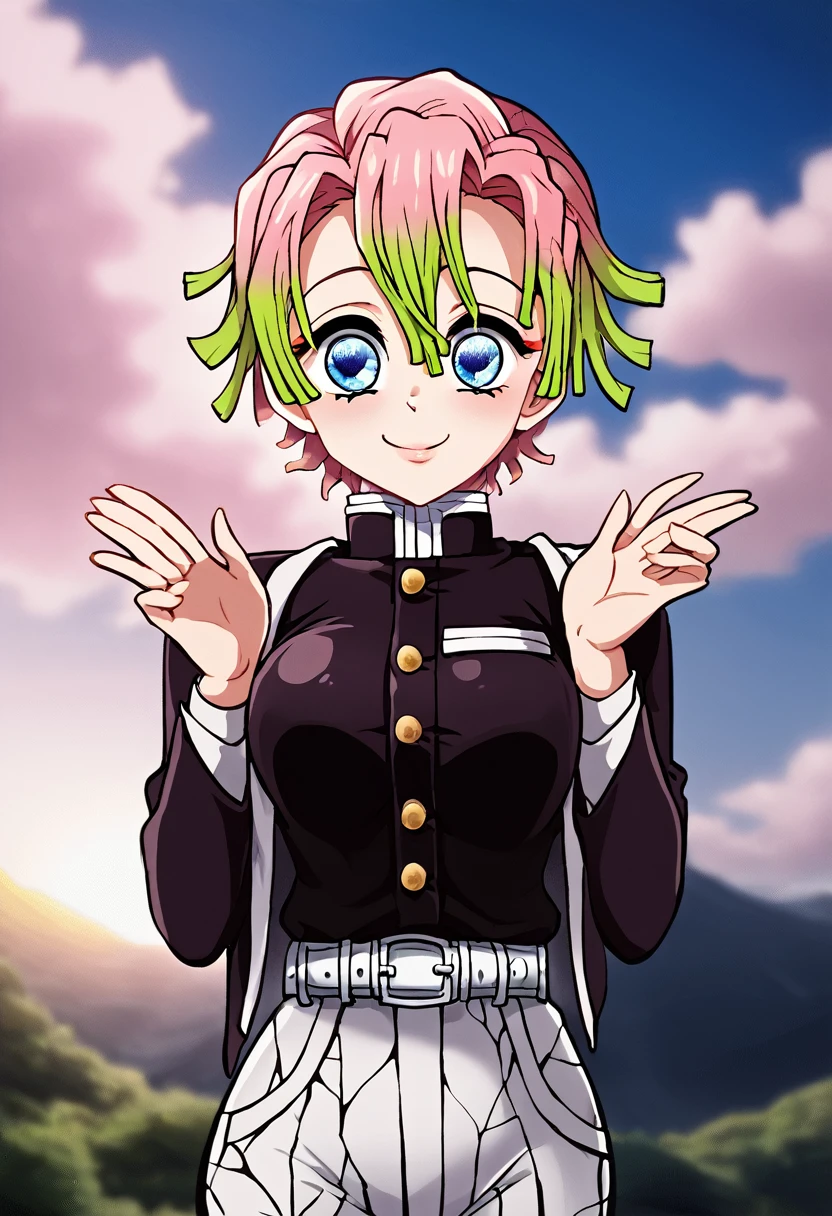 anime girl from the Kimetsu no Yaiba universe! straight and short hair, blue colored eyes, demon hunter outfit, perfil, cute smile. sky background, without much detail. simple art, corpo de animated cartoon, animated cartoon.