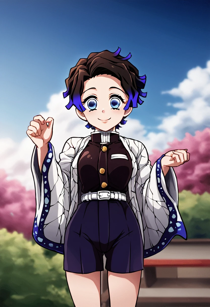 anime girl from the Kimetsu no Yaiba universe! straight and short hair, blue colored eyes, demon hunter outfit, perfil, cute smile. sky background, without much detail. simple art, corpo de animated cartoon, animated cartoon.