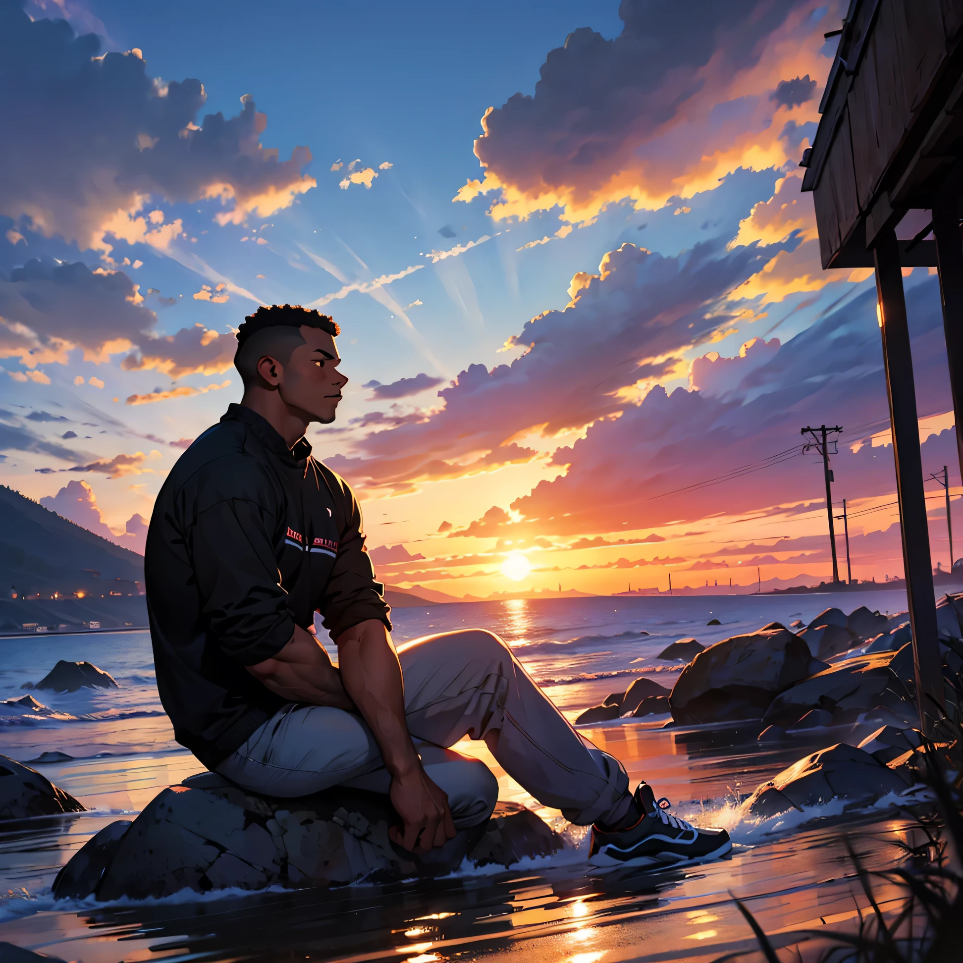 black man thinking about life at sunset
